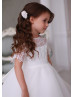 Short Sleeve Ivory Lace Tulle Long Flower Girl Dress